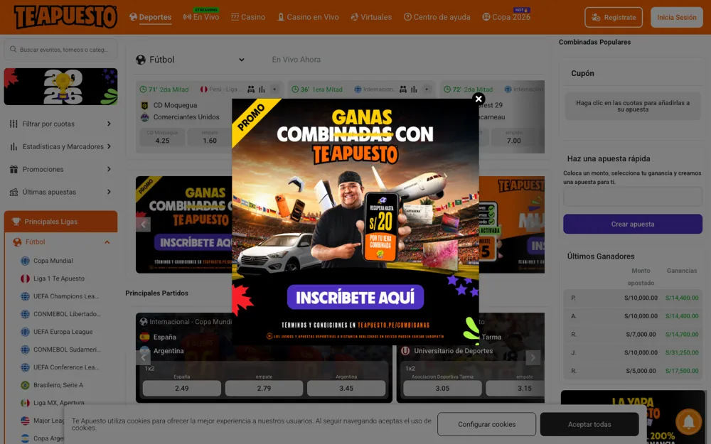 Te Apuesto Perú, página de inicio de apuestas deportivas